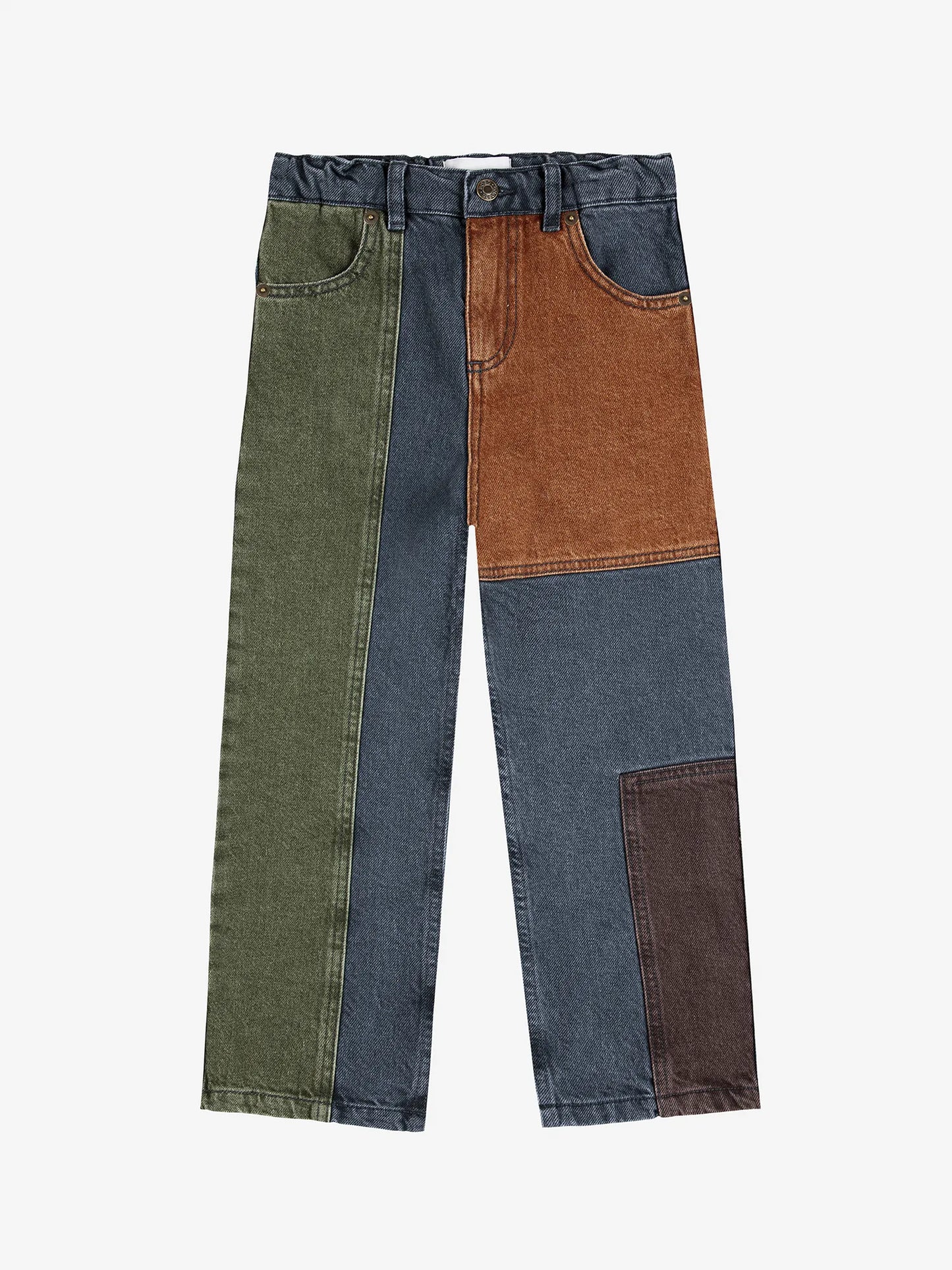 Color block denim pants look