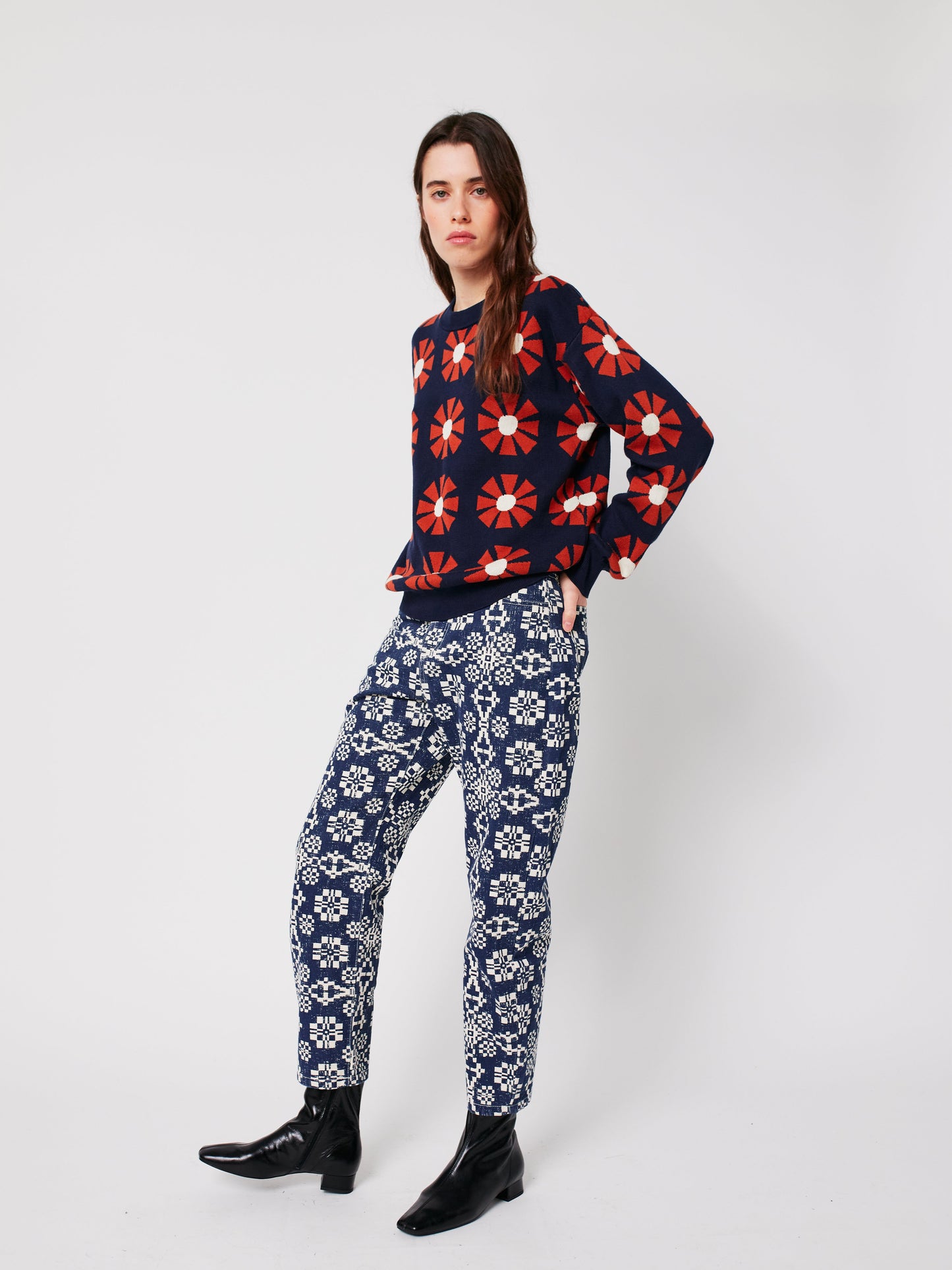 Kaleidoscope pattern high waist jeans