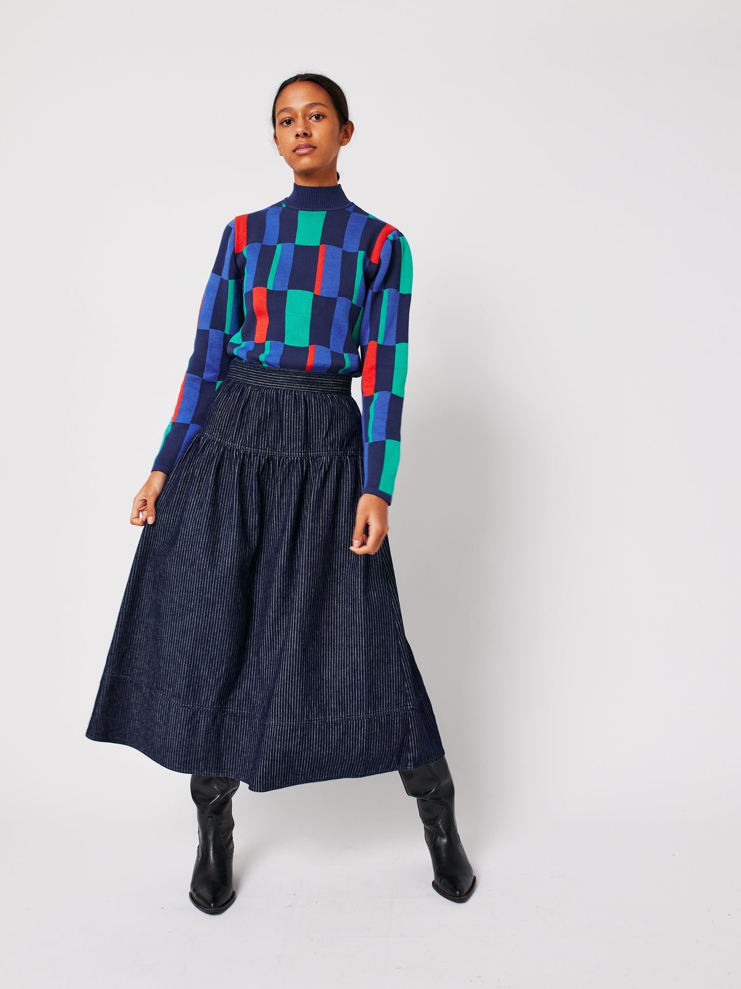 Denim A-line stripe skirt