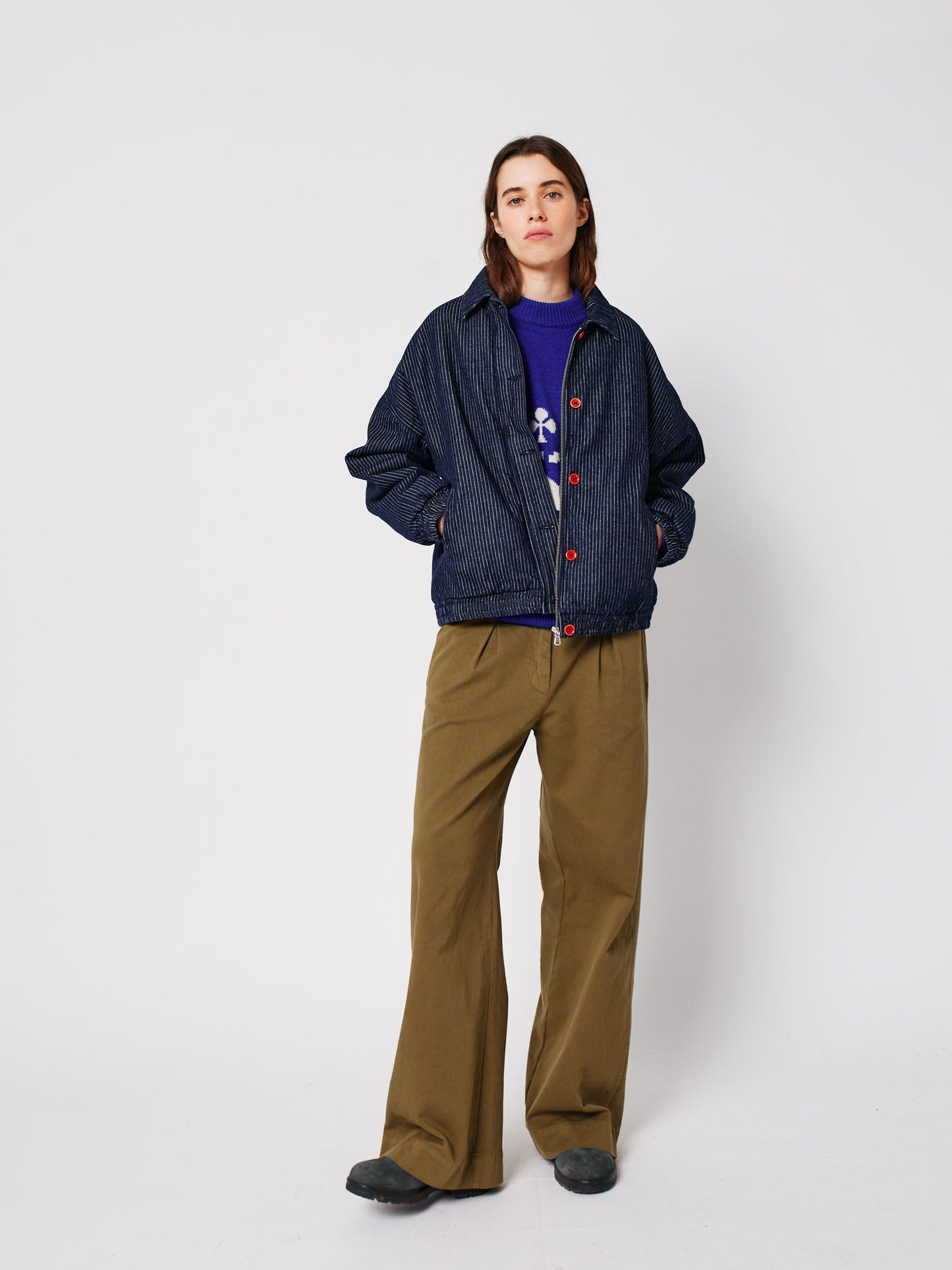 Denim stripe bomber jacket