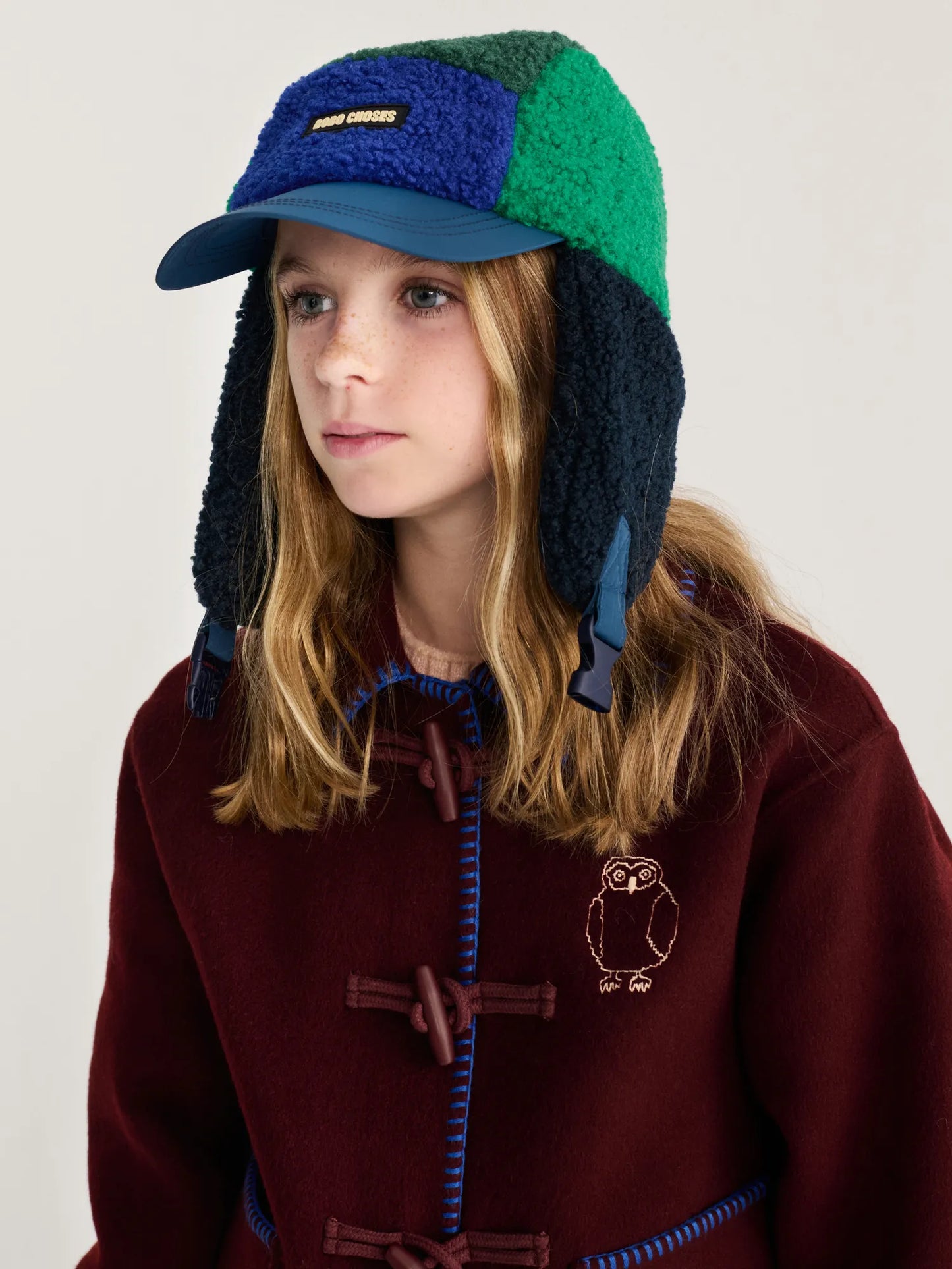 Bobo Choses blue color block sheepskin chapka