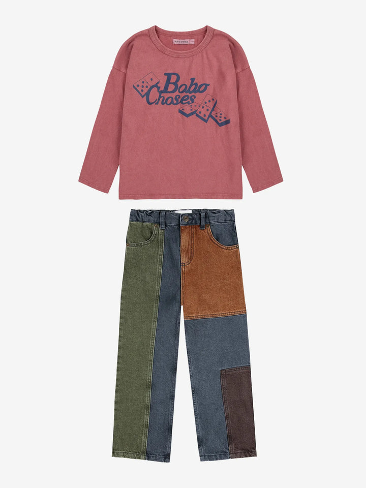 Color block denim pants look