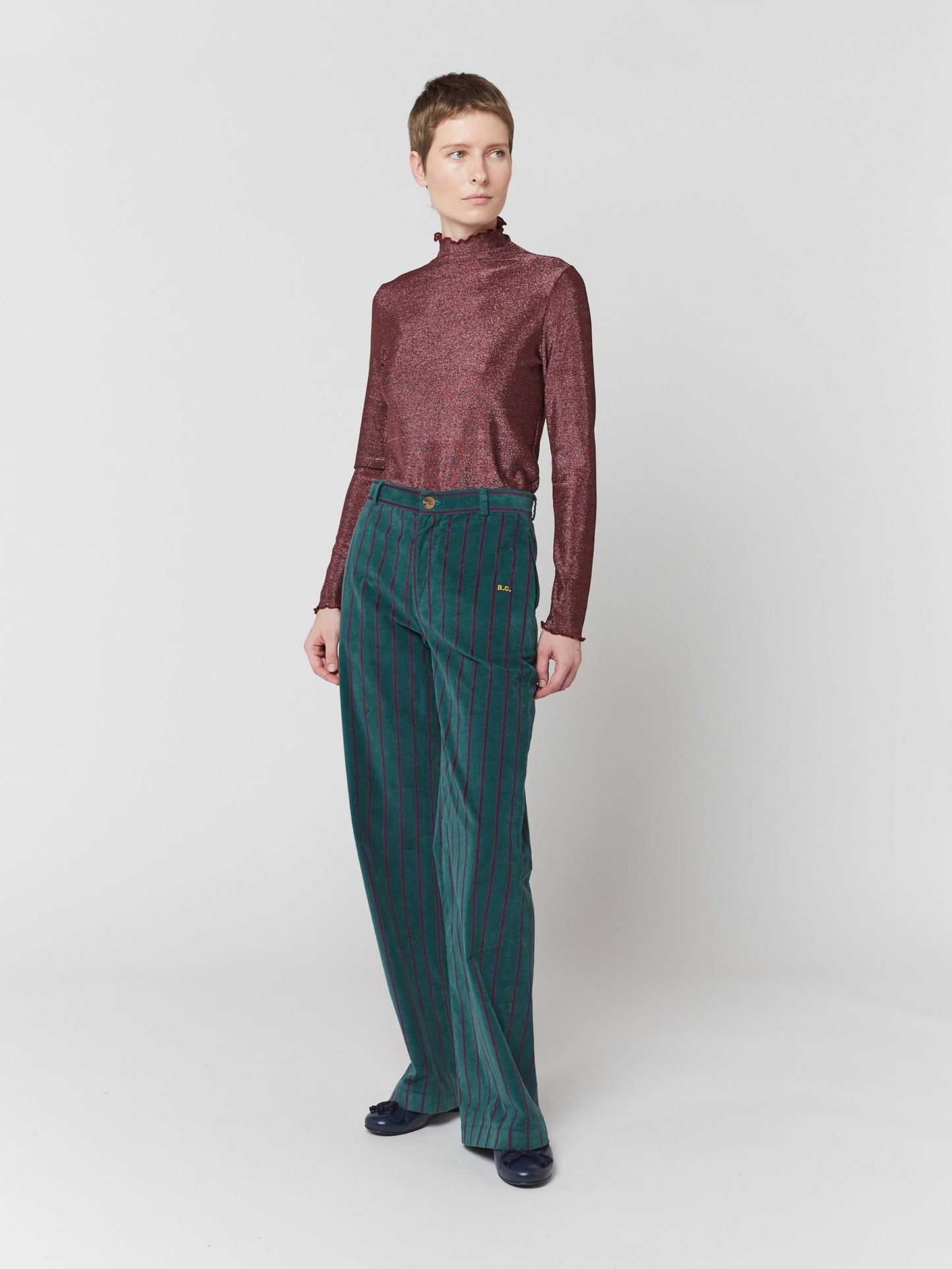 Stripe velvet pleated trousers