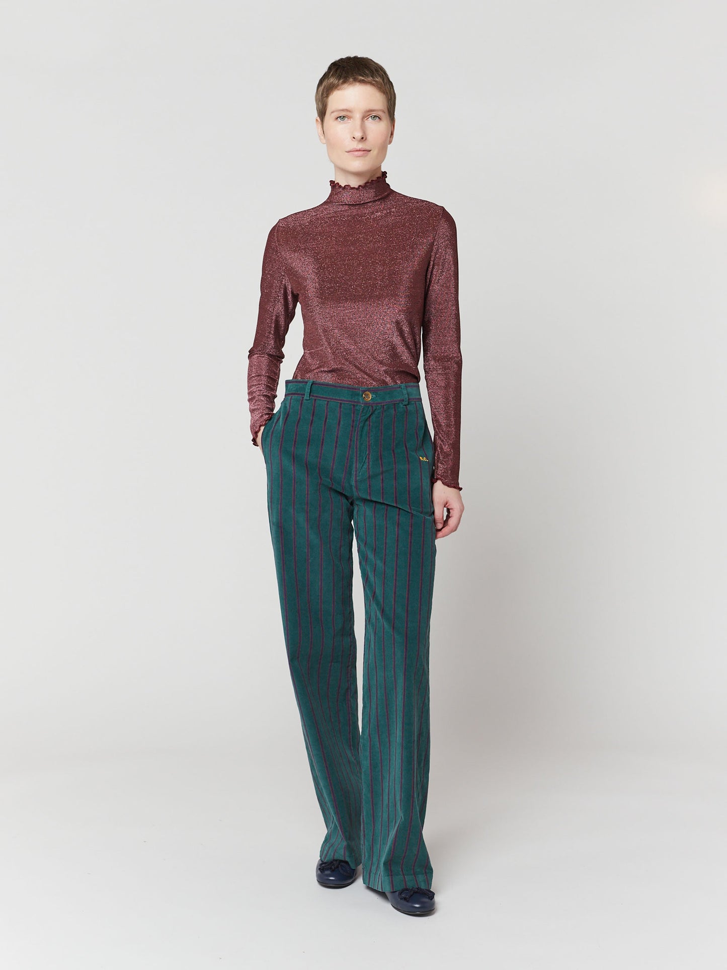 Stripe velvet pleated trousers