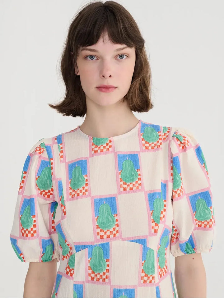 Simple Pear pattern puff sleeve dress