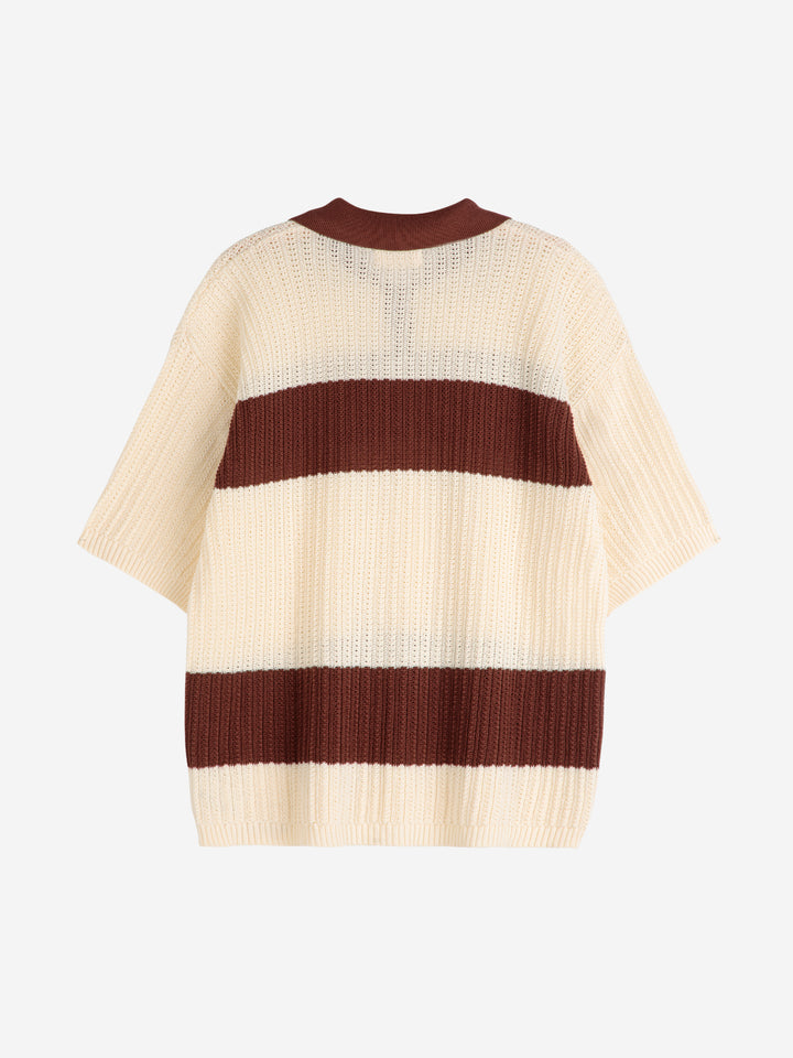 Stripes pointelle knitted polo shirt