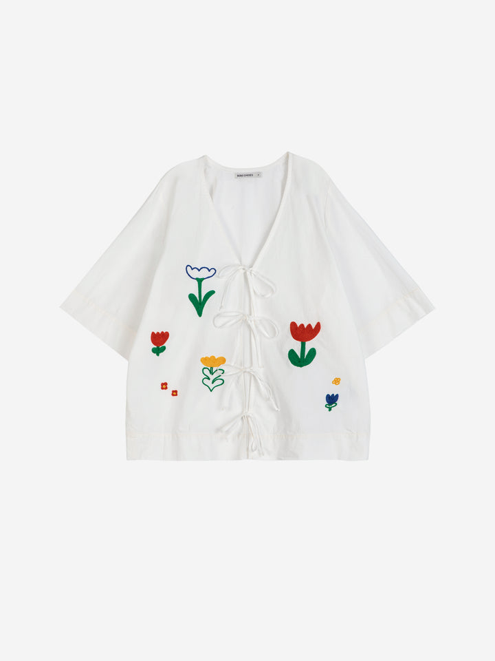 Garden embroidery tie blouse