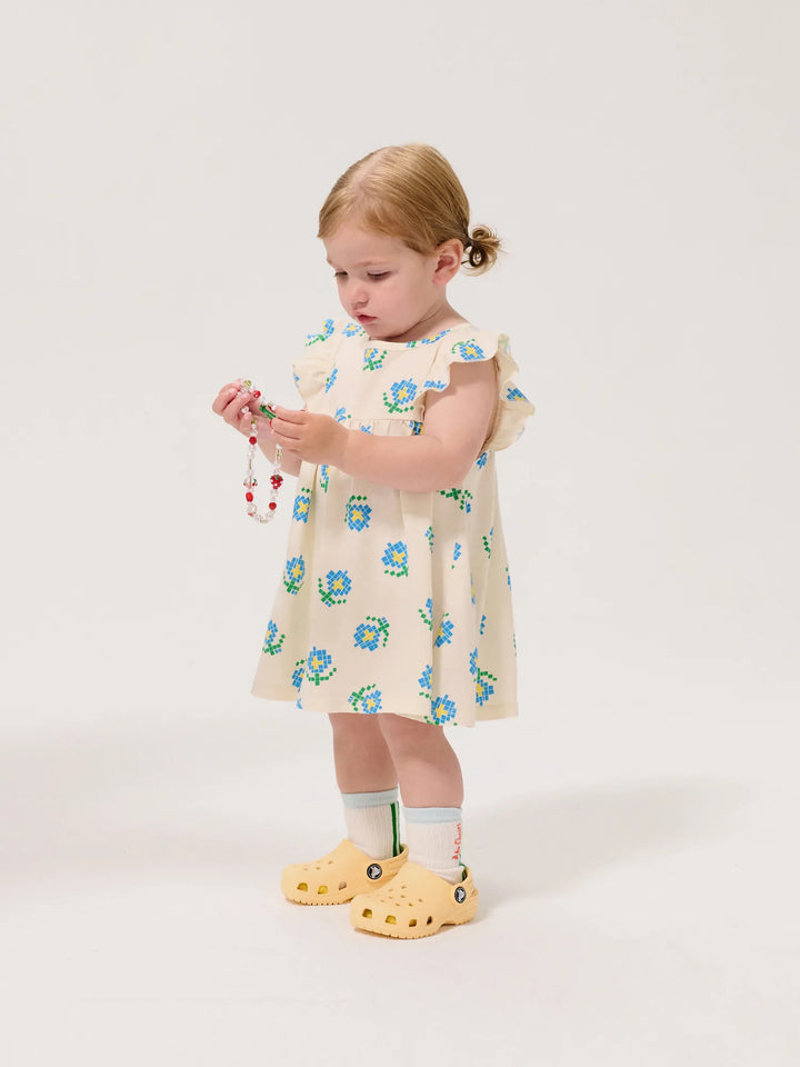 Pixel Flowers all over ruffled dress