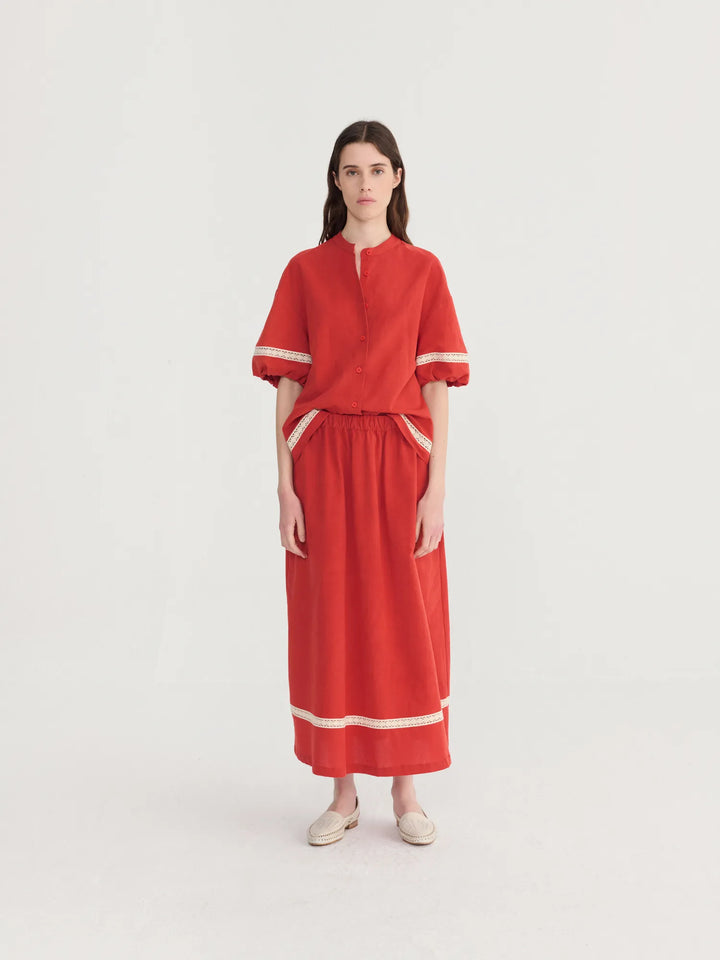 Contrast-trim puff sleeve shirt