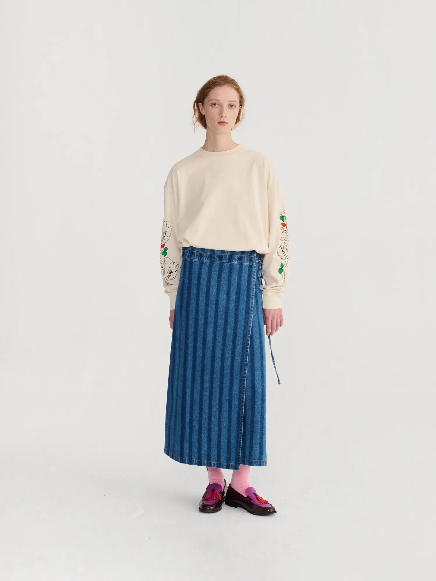 Striped denim wrap skirt