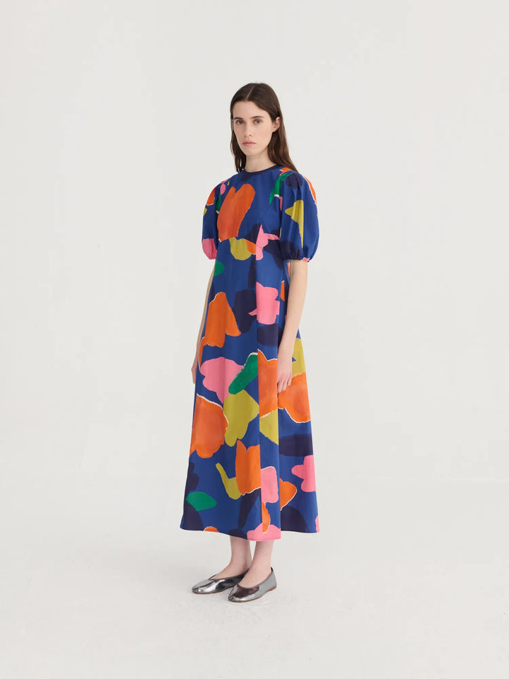 Blooming color pattern puff sleeve dress