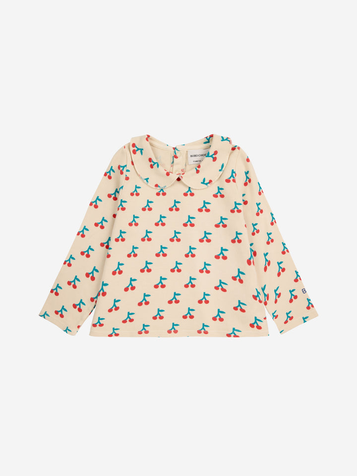 Baby cherry print collared T-shirt