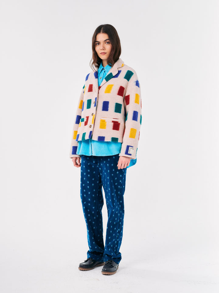 Color game print jacquard single breasted jacket