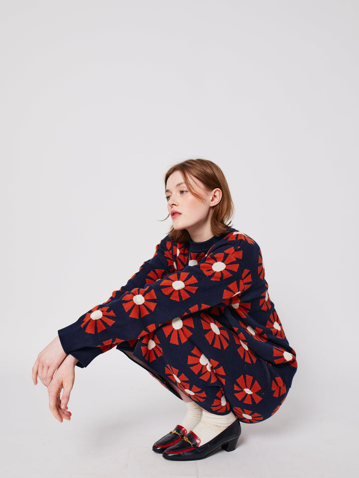 Flower jacquard midi knitted skirt