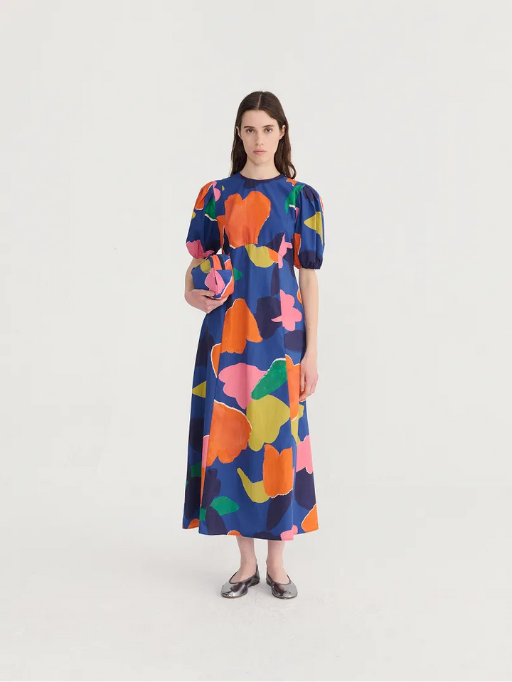 Blooming color pattern puff sleeve dress