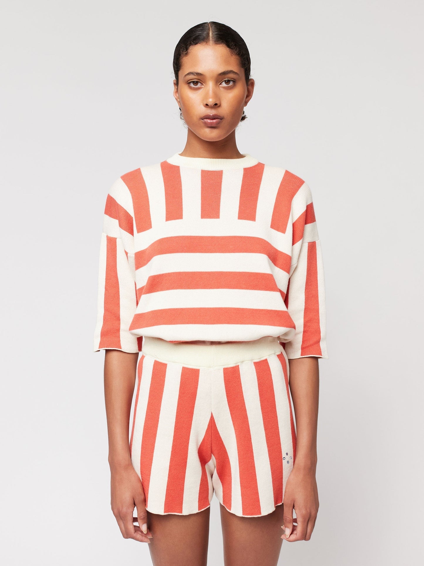 ストライプ柄半袖ニットセーター